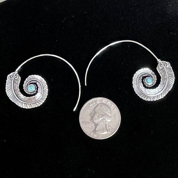 Medium Silver Feather Spiral Earrings in Red or Turquoise Blue #686 - Picture 5 of 11